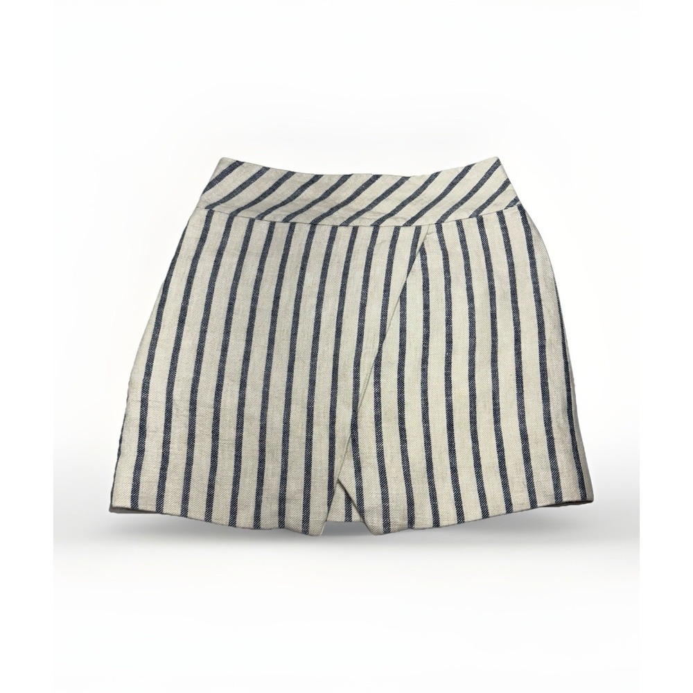 J. Crew 100% Linen Wrap Skirt Ivory Navy Stripe‎ Women 4 Zip Lined Above Knee